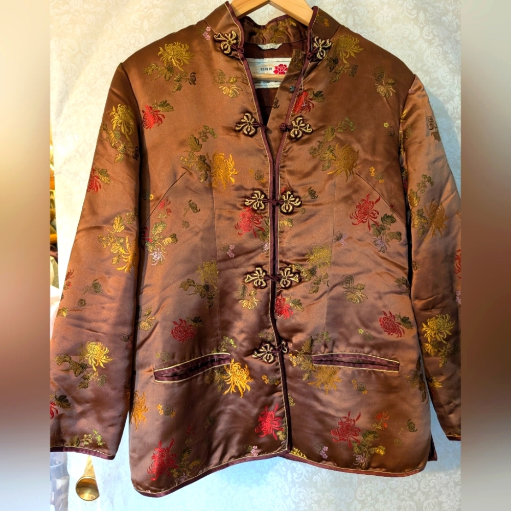 Asian Inspired Brown‎ Floral Embroidered Jacket Rayon S
